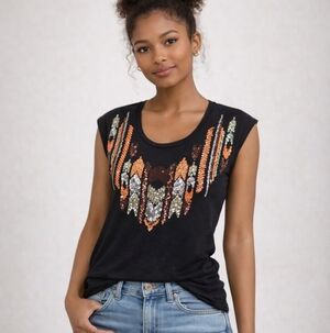 Poof NY Black Top Orange/Gold/Silver Beading Sz S Holiday Sparkle Whimsigoth